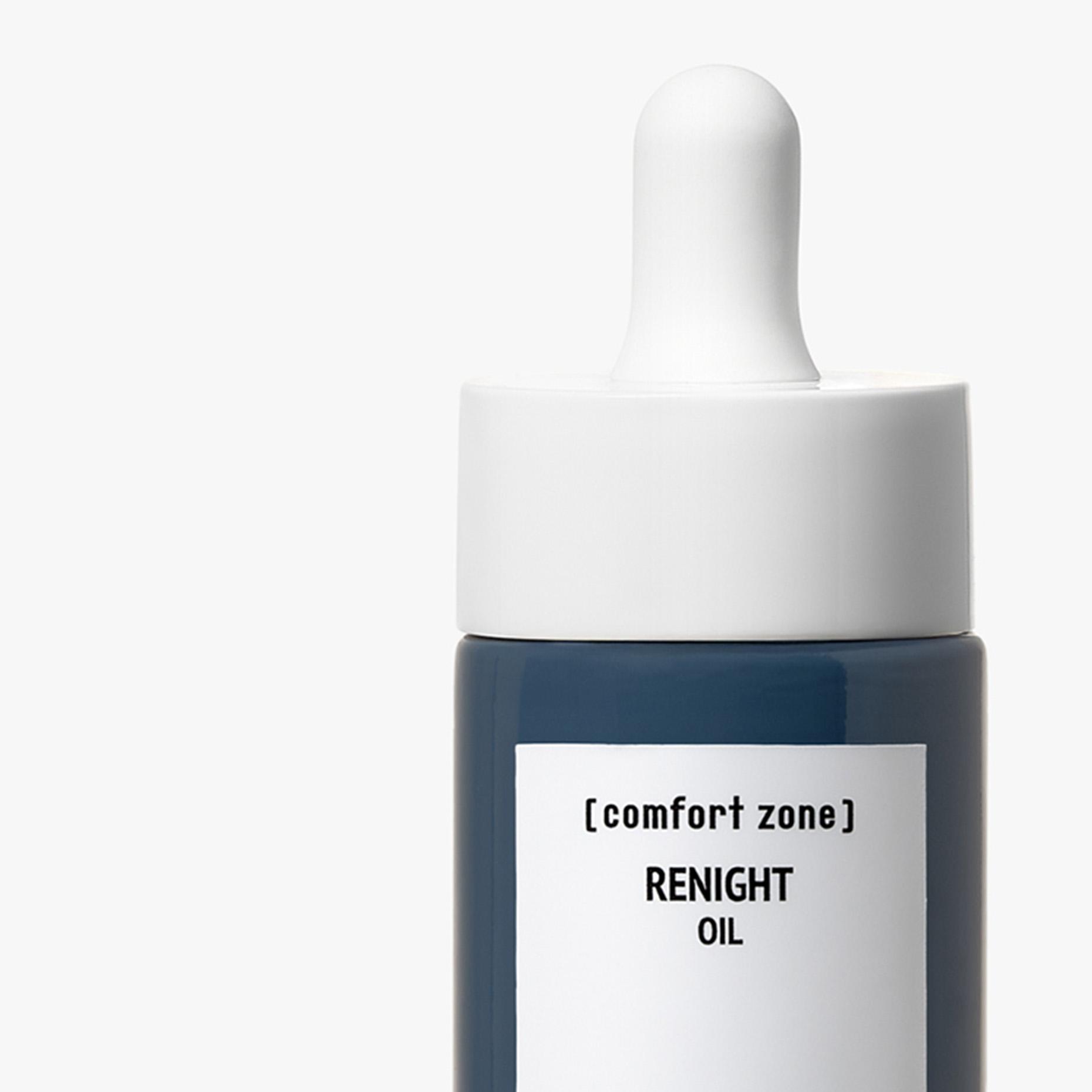 Close-up of a dark blue bottle with a white dropper top. Text reads '[comfort zone] RENIGHT OIL'. | [comfort zone] RENIGHT OIL
